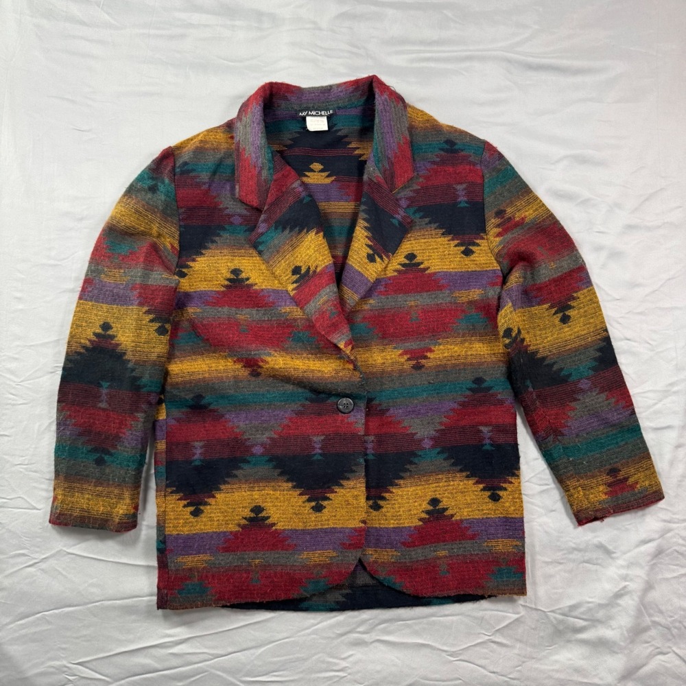 Vintage MY MICHELLE Southwest Aztec Print‎ Blazer Jacket Women's Med Made in USA